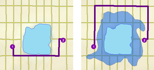 Two maps demonstrate how a restriction polygon barrier affects a route analysis.