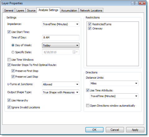 The Layer Properties dialog box for a route analysis layer