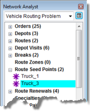 Two route seed points in the Network Analyst window