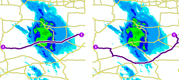 Two maps demonstrate how a scaled cost polygon barrier affects a route analysis.