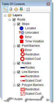 The route analysis layer shown in the table of contents