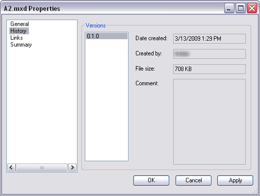 History pane on the file Properties dialog box