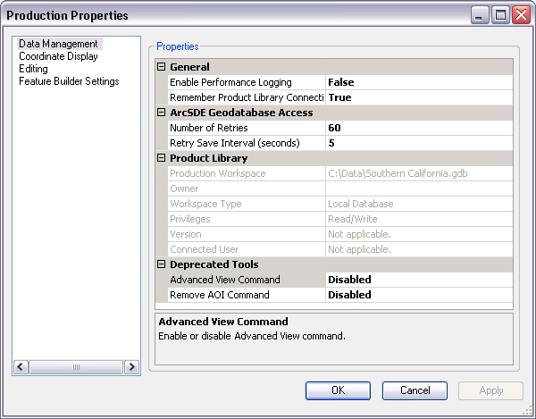 Data Management pane on the Production Properties dialog box