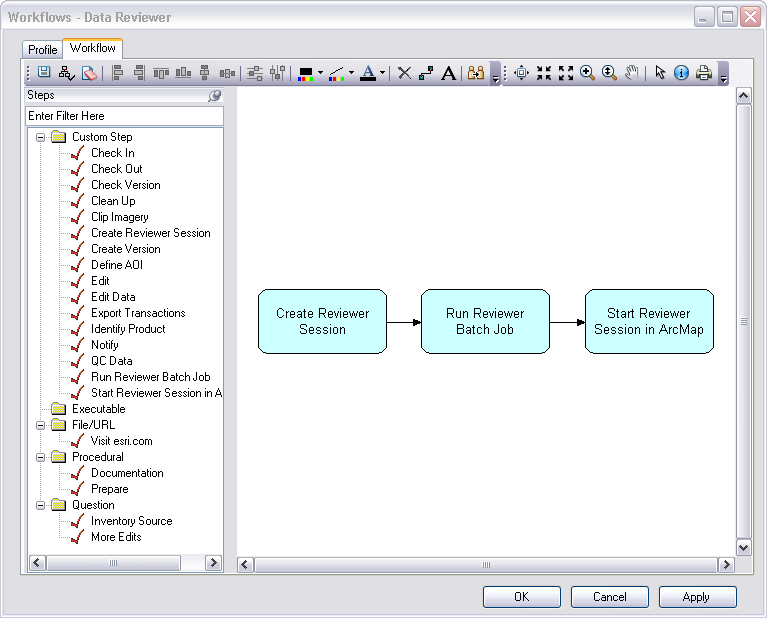 Example of a Workflow Manager workflow that uses the Data Reviewer custom steps and tokens