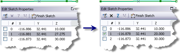 Example of a feature updated using the current z-value