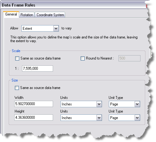 The General tab with Allow Extent to vary selected in the Data Frame Rules dialog box.