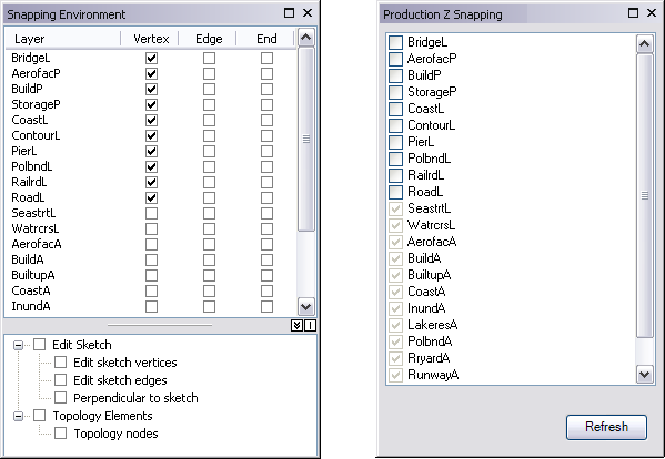 Snapping options set in the Snapping Environment window and similar options in the Production Z Snapping window