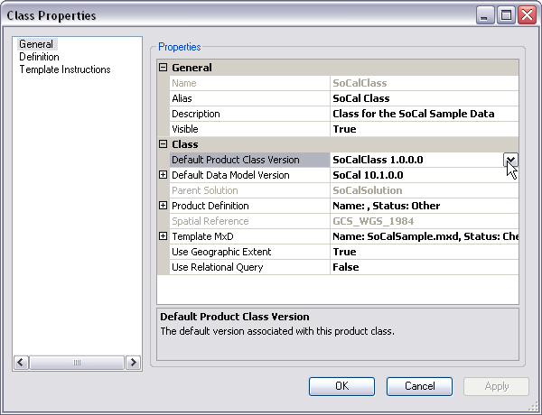 Example of the Default Product Class Version property in the Class Properties dialog box