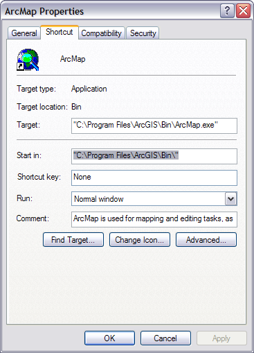 Shortcut tab on the ArcMap Properties dialog box