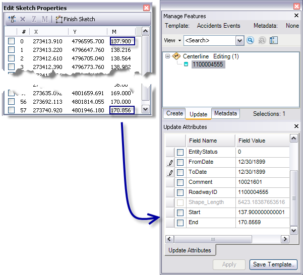 Examples of starting and ending m-values for a route that have been copied to the Start and End fields on the route feature