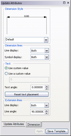 Dimension tab in the Update Attributes window