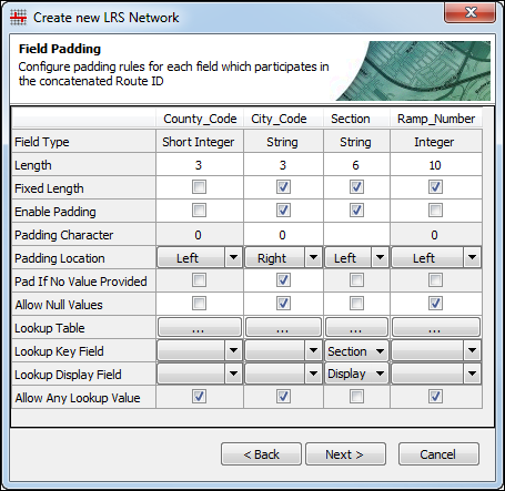 Field padding step in Create new LRS Network wizard