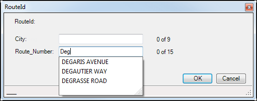 RouteId dialog box when a lookup table is used
