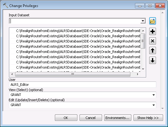 Change Privileges dialog box with parameters complete