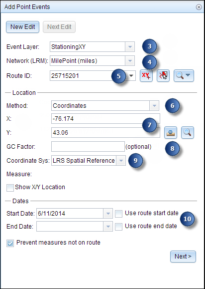 Add Point Events dialog box with Coordinates