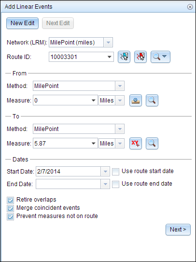 Add Linear Events with user-configured from and to methods and measures