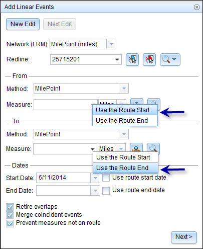 Get the From and To Measure values of the event from the Route Start and Route End values