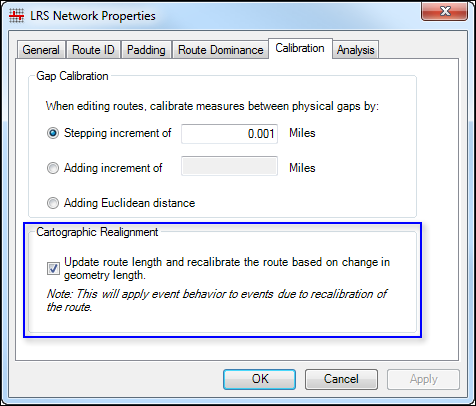 Cartographic realignment options on the LRS Network Properties dialog box
