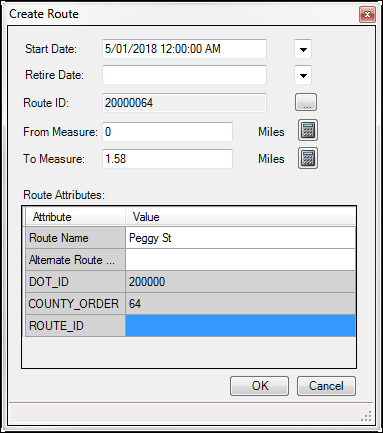 Create Route dialog box populated with redline information