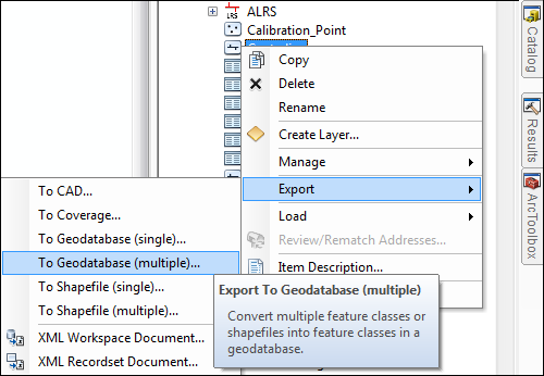 Open the Feature Class to Geodatabase (multiple) tool from the Catalog window
