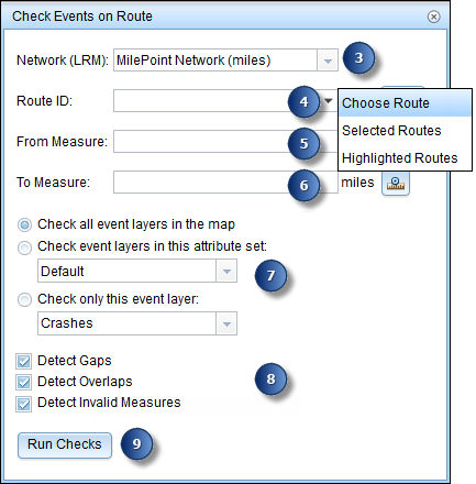 Check Events on Route dialog box