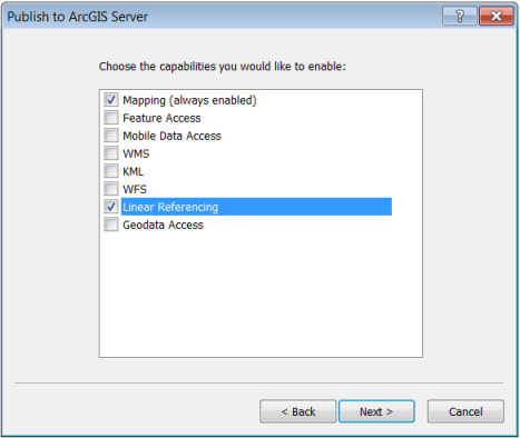 Publish to ArcGIS Server dialog box with Linear Referencing checked
