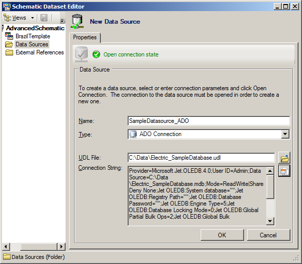 Sample ADO Connection data source created by browsing an existing UDL file