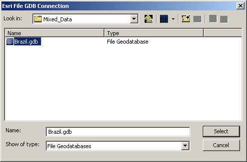 Selecting the desired ESRI File geodatabase