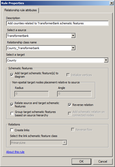 Relationship rule properties page specified to add counties related to the TransformerBank schematic features