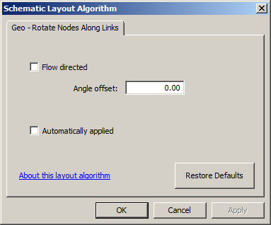 Schematic Layout Algorithm dialog box with Geo - Rotate Nodes Along Links properties tab