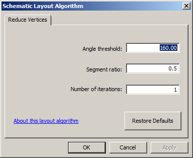 Schematic Layout Algorithm dialog box with Reduce Vertices properties tab
