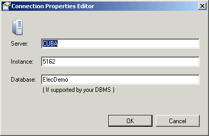 Edit Connection Properties Editor dialog box, initial content in the sample