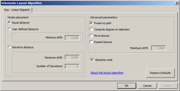 Schematic Layout Algorithm dialog box with Geo - Linear Dispatch properties tab