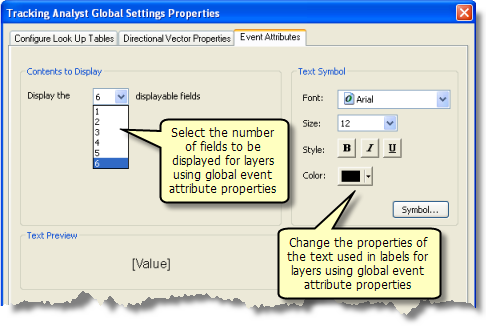 Event Attributes tab of Tracking Analyst Global Settings Properties dialog box