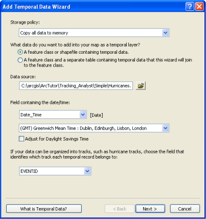 The first dialog box of the Add Temporal Data Wizard for data containing simple temporal events