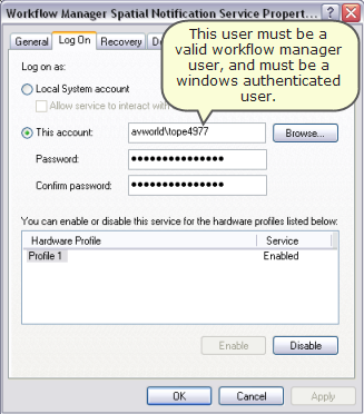 Specify Windows user to run the service.