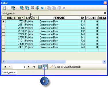 Selected records in the base_roads attribute table.