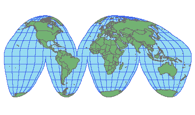An illustration of the land-oriented version of Goode's homolosine projection.