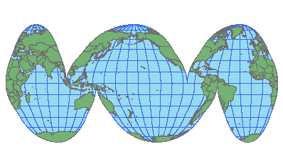 An illustration of the ocean-oriented version of Goode's homolosine projection.