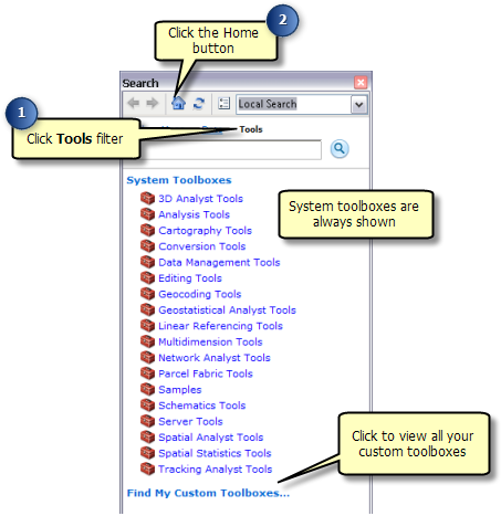 Viewing system and custom toolboxes in the Search window