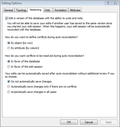 Editor Options dialog box set for versioned edits
