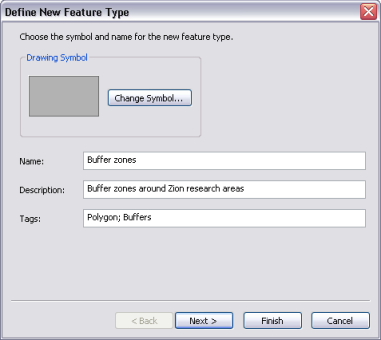 Setting the symbol, name, description, and tags for the new feature type