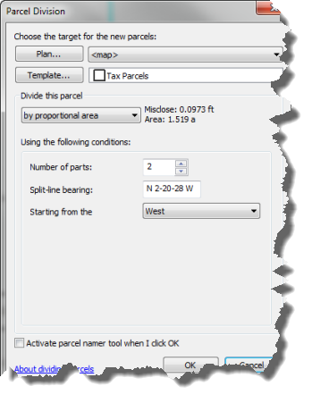 Parcel Division dialog box