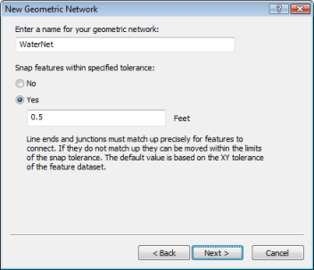 Type a network name and snap tolerance