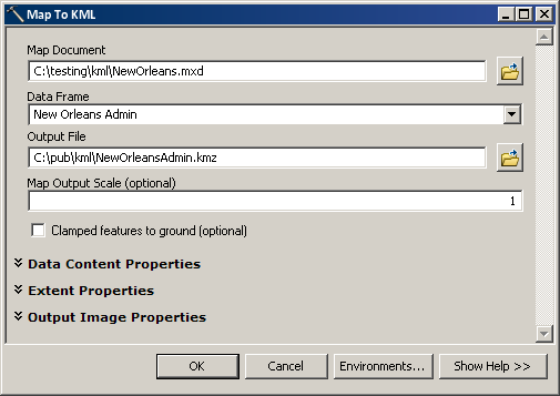 Map To KML tool dialog