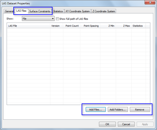 LAS Files and Surface Constraints tabs of the LAS Dataset Properties window