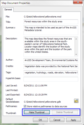 Create a thumbnail in the ArcMap Properties dialog box.