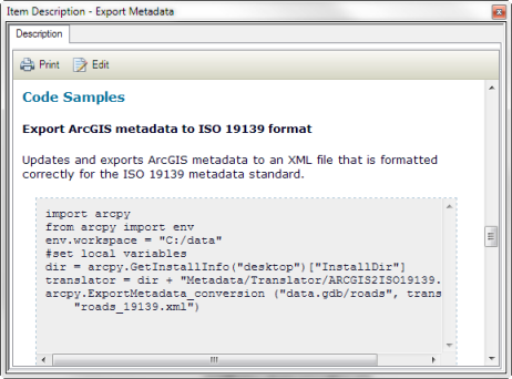 A geoprocessing tool's description includes usage tips, its Python syntax, and code samples in addition to traditional metadata