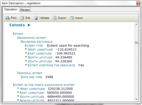 An item's spatial reference and its location in projected coordinates are provided in the Extents section