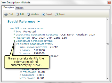 Synchronized metadata elements have a green asterisk next to the element name or value.